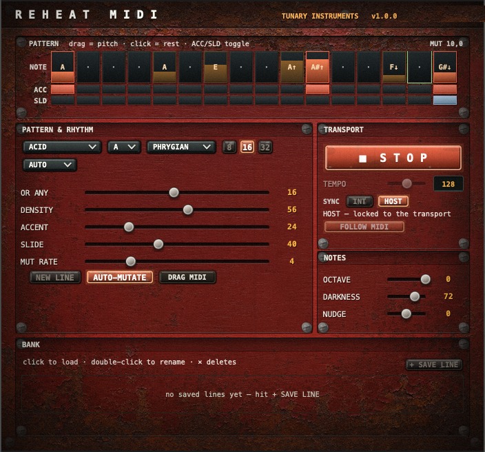 The REHEAT MIDI DRIVER panel: pattern grid, transport, FOLLOW MIDI and NUDGE